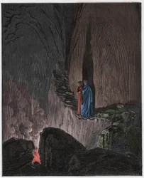 Inferno, 26. Gesang: Die flammenden Geister des Odysseus und Diomedes (Diomede), Illustration aus der Göttlichen Komödie von Dante Alighieri, 1885